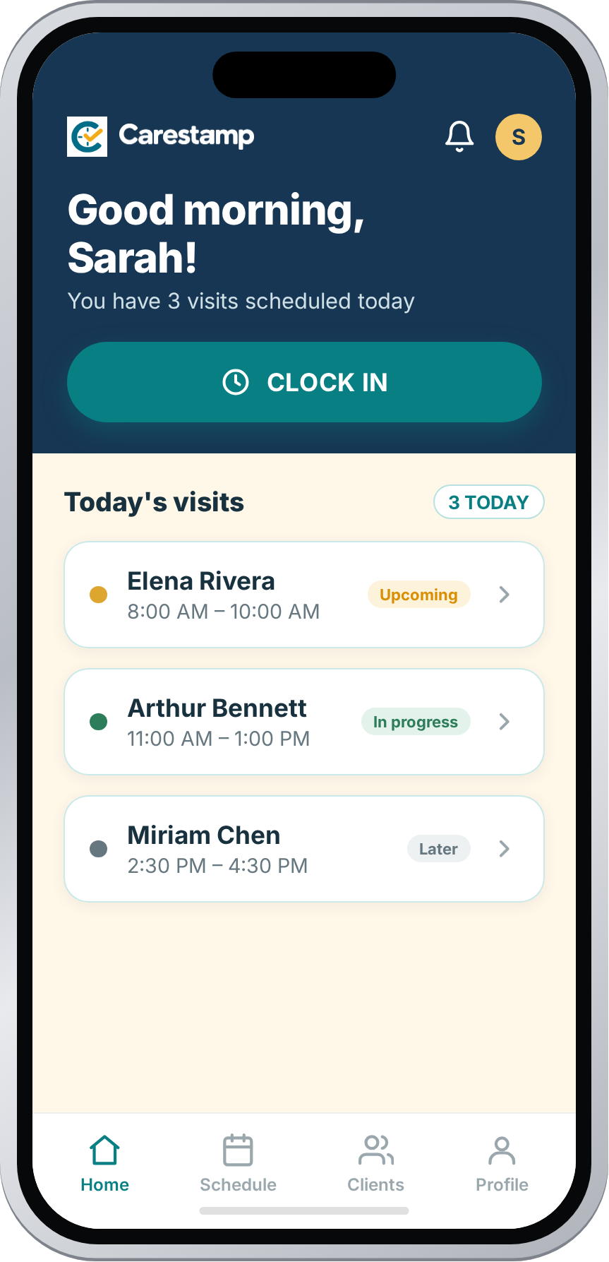 Carestamp app home screen with today's visits and clock-in